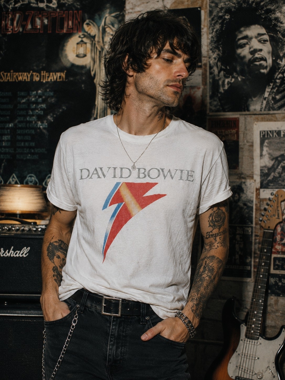 David Bowie White Lightning Bolt Graphic Tee Shirt XL Flaws Rock Band Graphic 